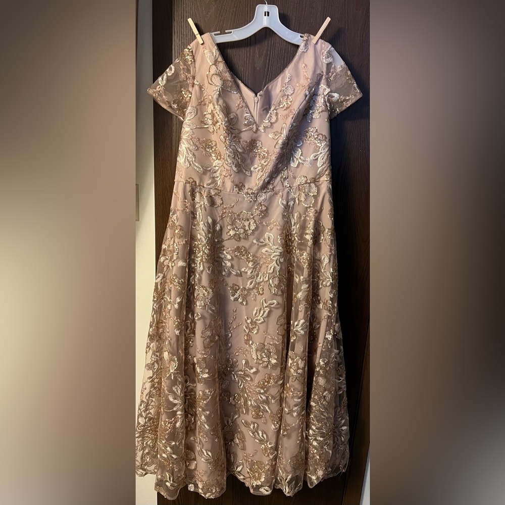 Champagne Formal V Neck short sleeved Full length Dress With sequence.  Size 16